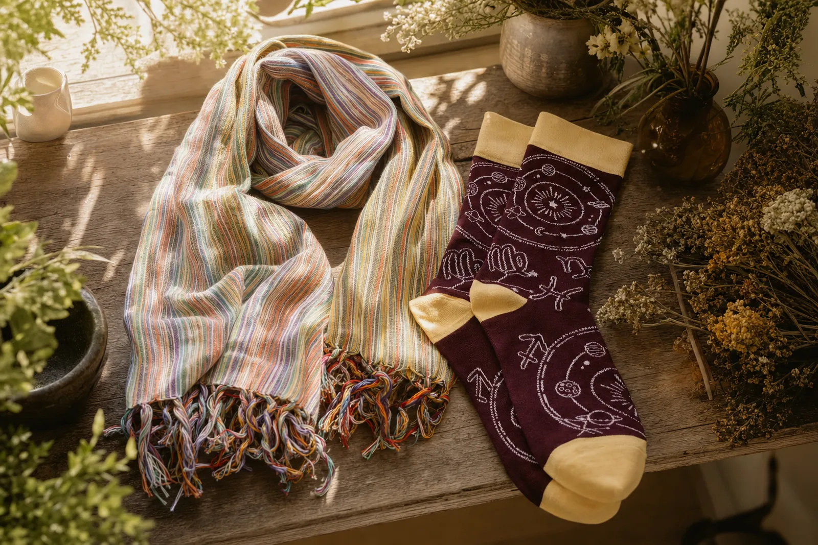 Scarves, Socks & Accessories styled with dried herbs in morning light