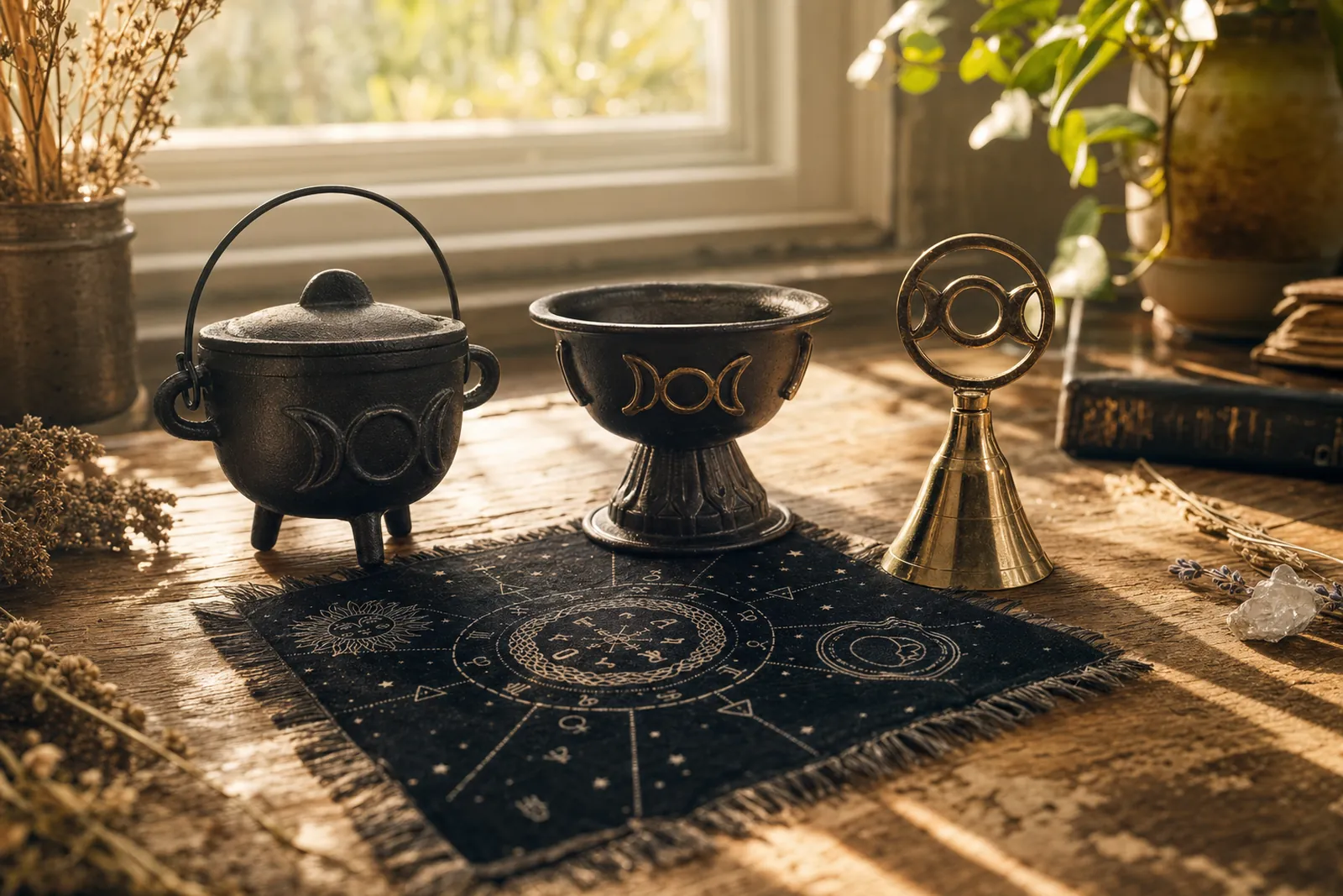 Altar & Ritual Tools styled with dried herbs in morning light