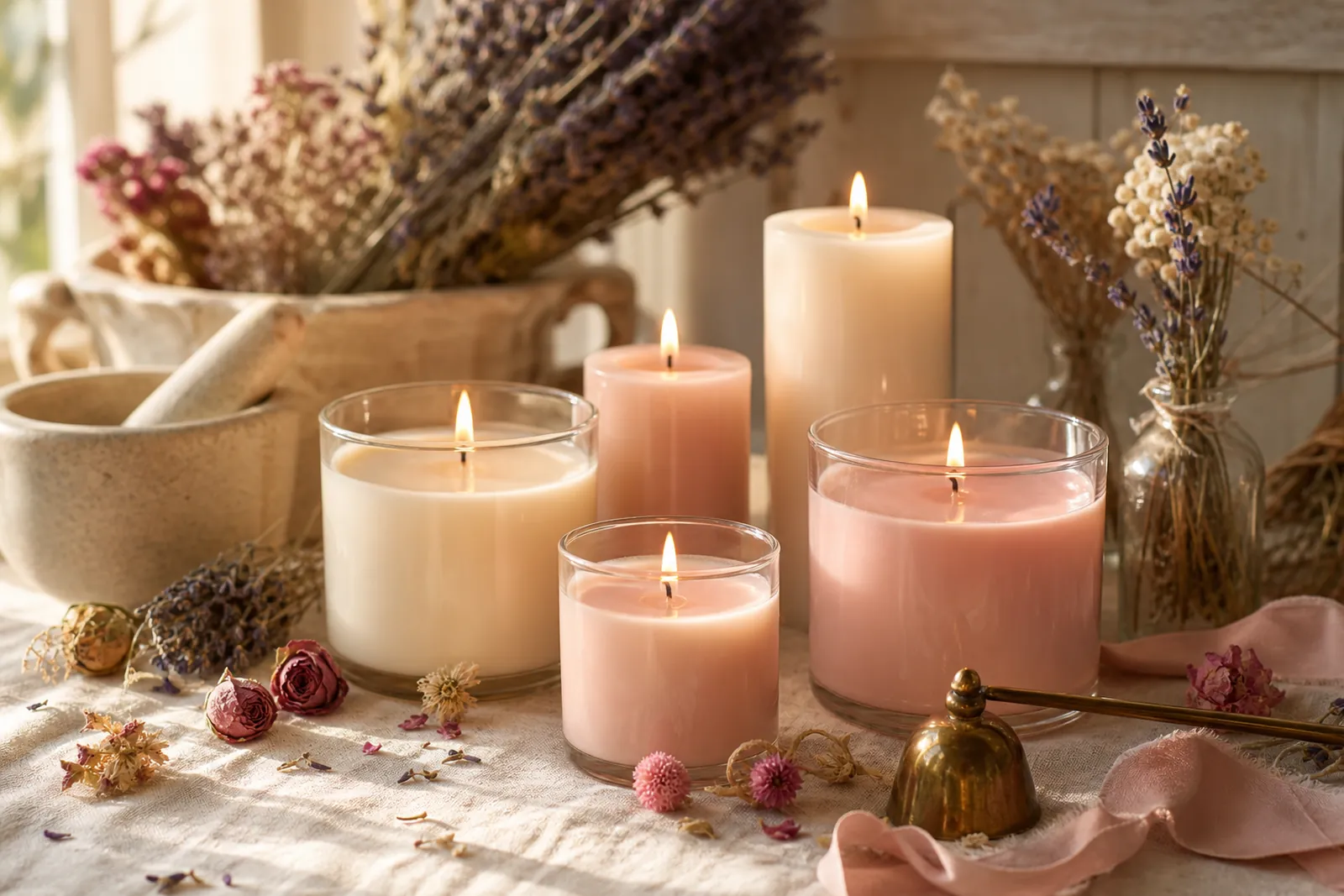 Candles & Wax Melts styled with dried herbs in morning light