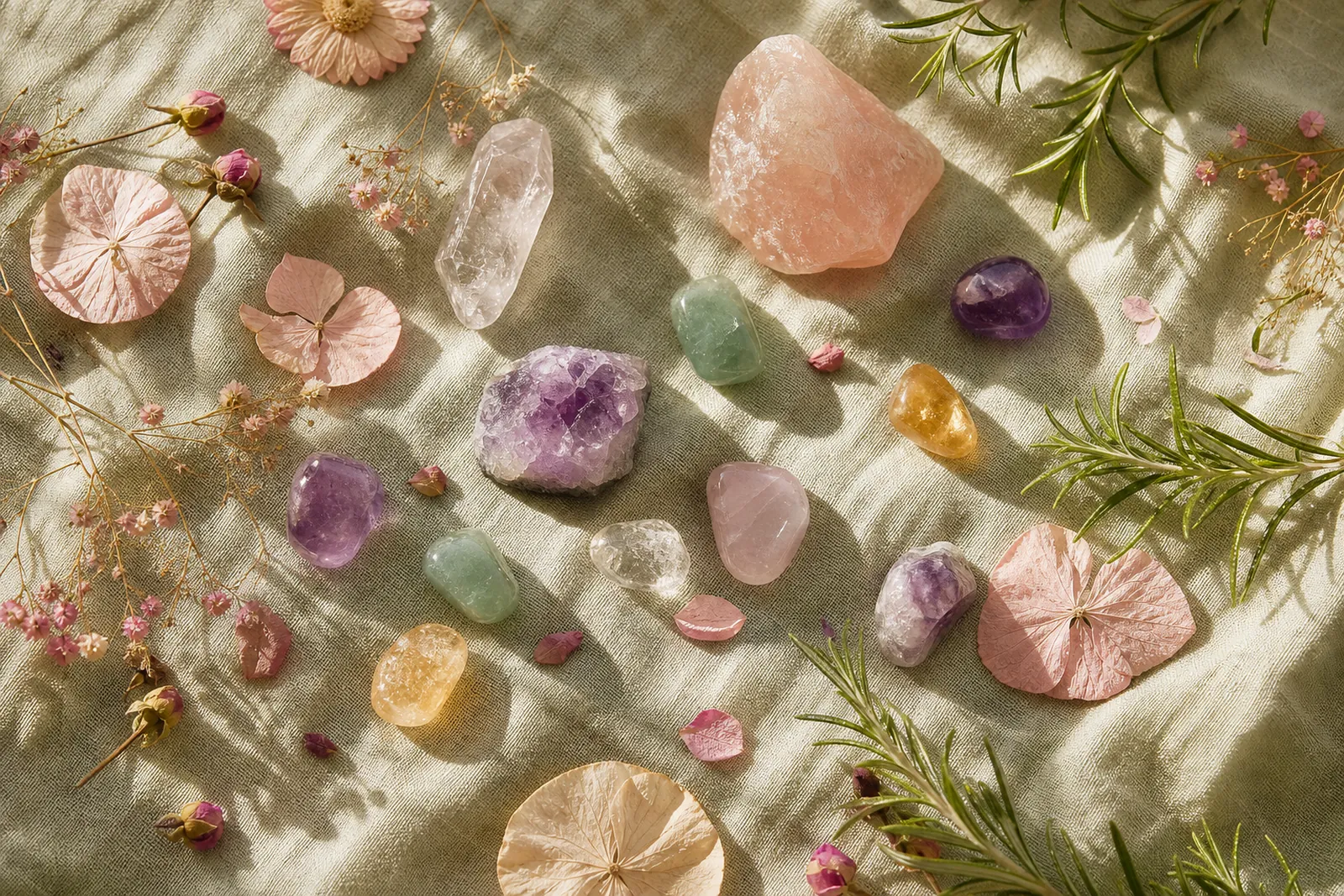 Crystals & Gemstones styled with dried herbs in morning light