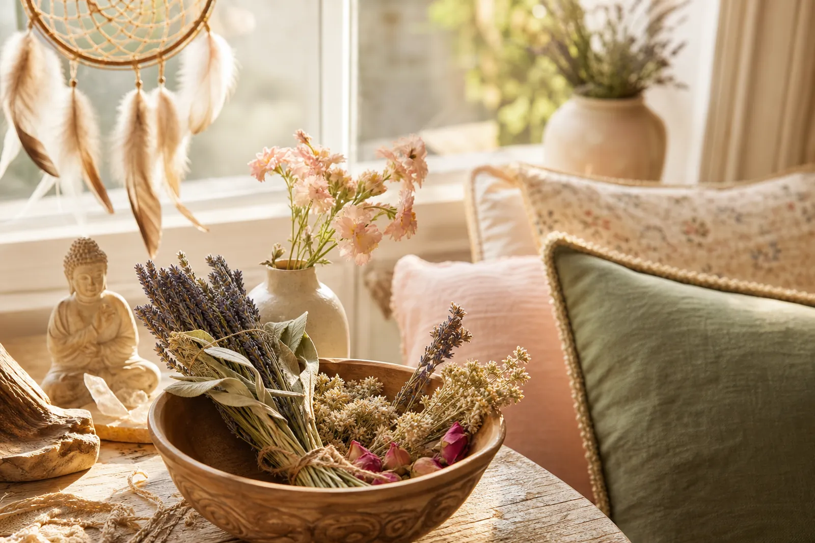 Home & Décor styled with dried herbs in morning light