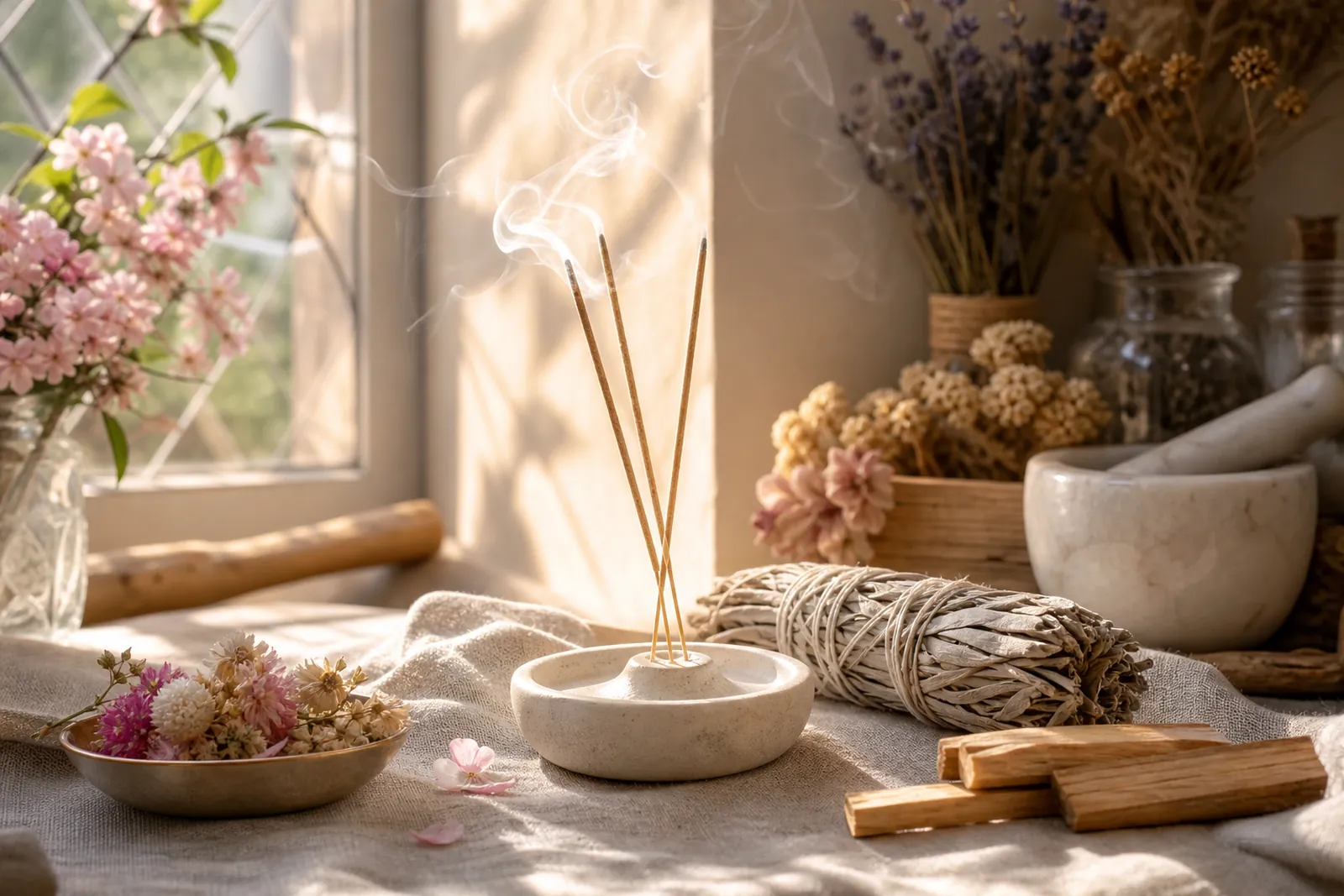 Incense & Smudge styled with dried herbs in morning light