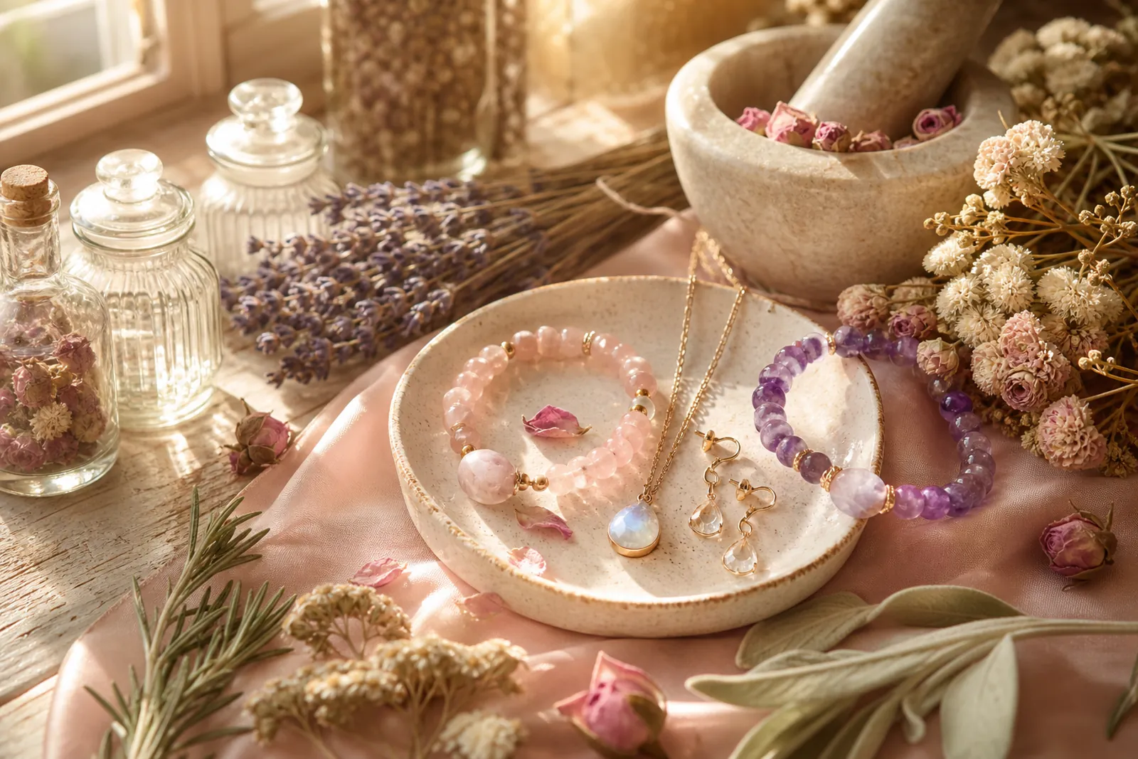 Jewellery styled with dried herbs in morning light