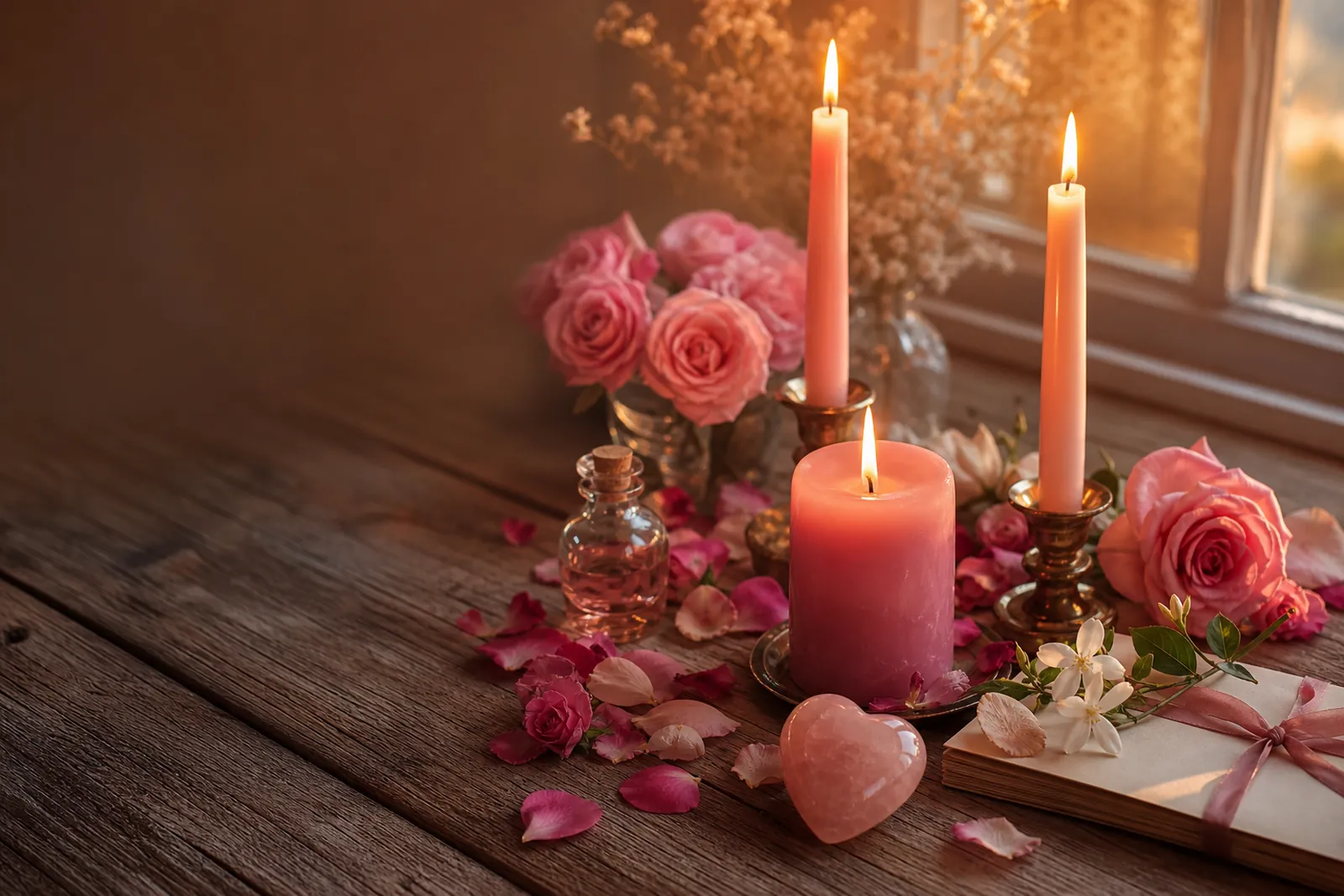Pink candles glowing at golden hour beside roses, a rose quartz heart, a bottle of rose oil and a letter tied with pink ribbon