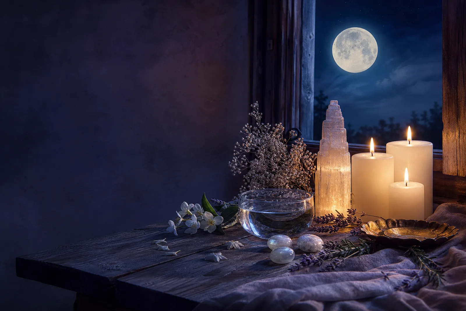 A moonlit altar on a windowsill with a full moon, white candles, a glowing selenite tower, moonstones and a bowl of water