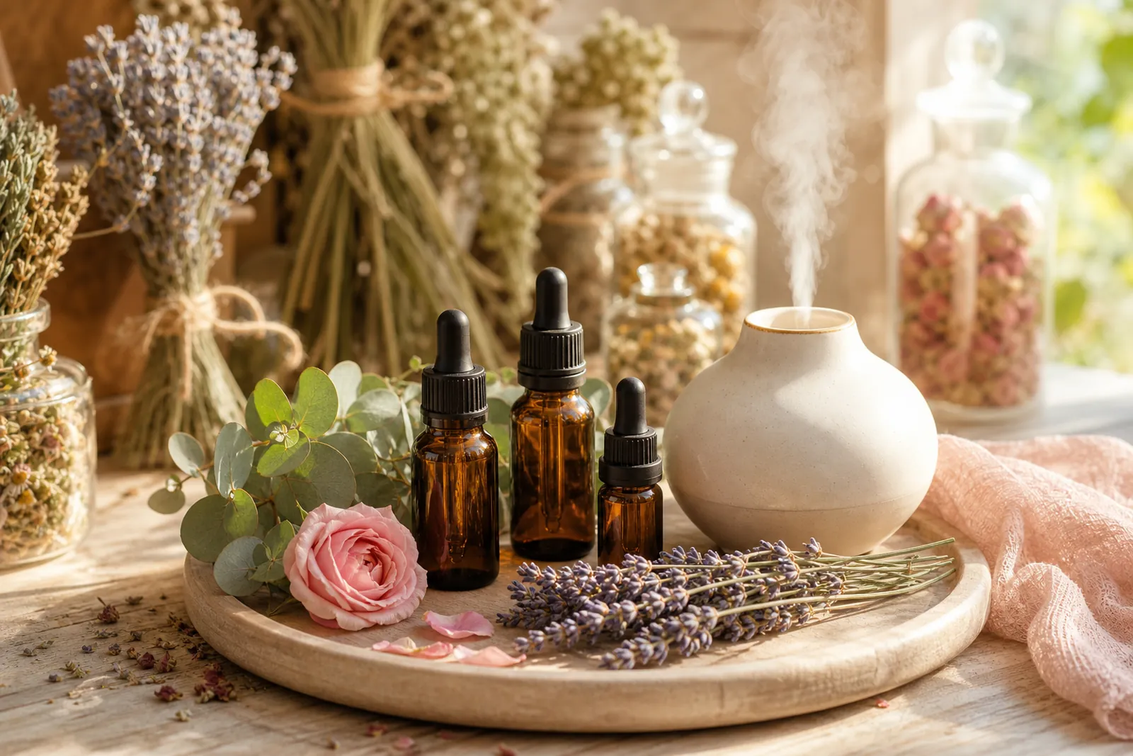 Essential Oils & Diffusers styled with dried herbs in morning light