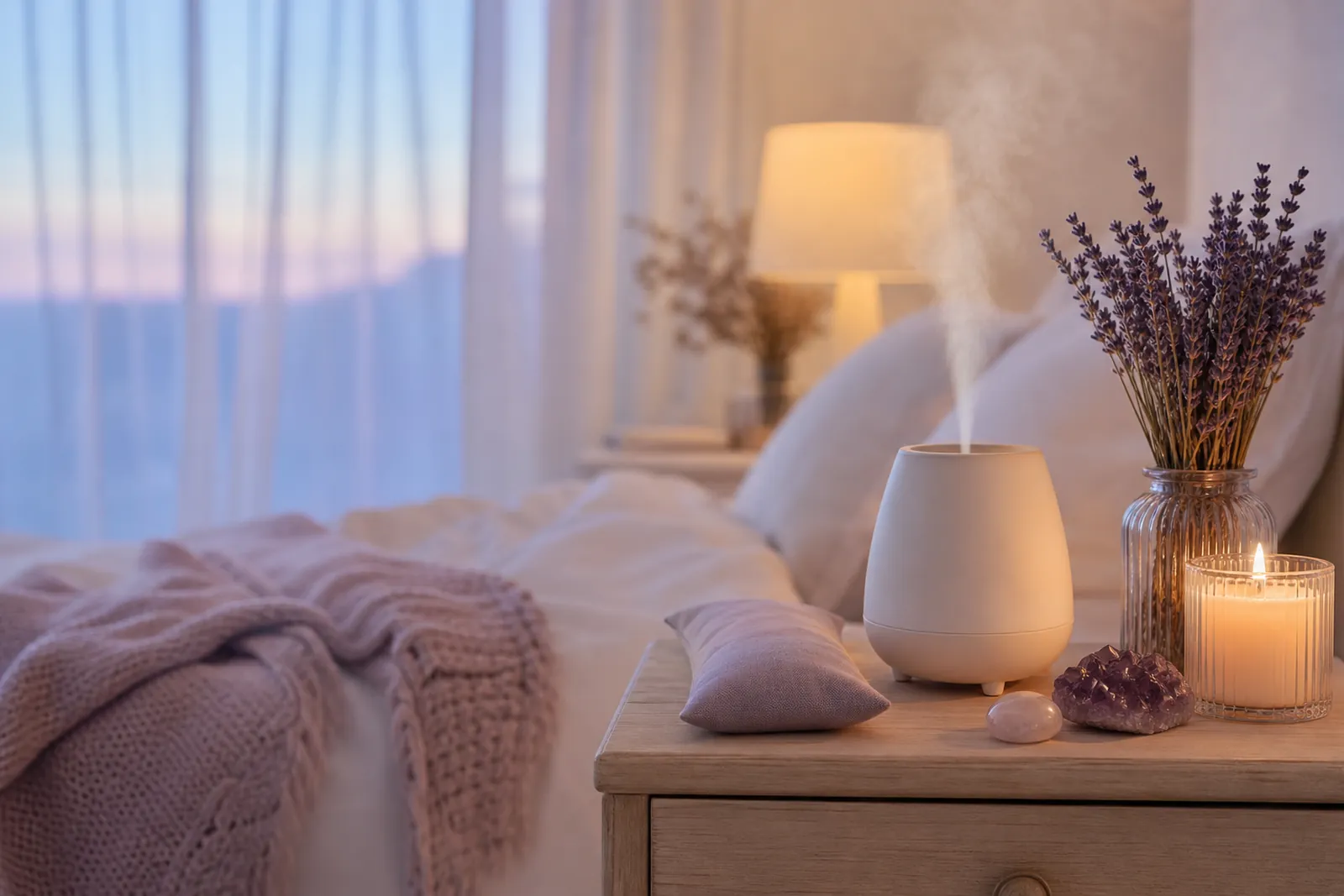 A calm bedroom at dusk with an aroma diffuser misting beside lavender, a moonstone and a lit candle on the bedside table