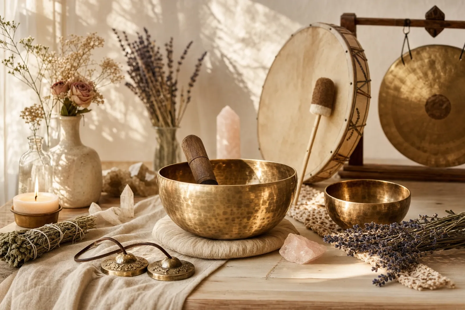 Sound & Meditation Instruments styled with dried herbs in morning light