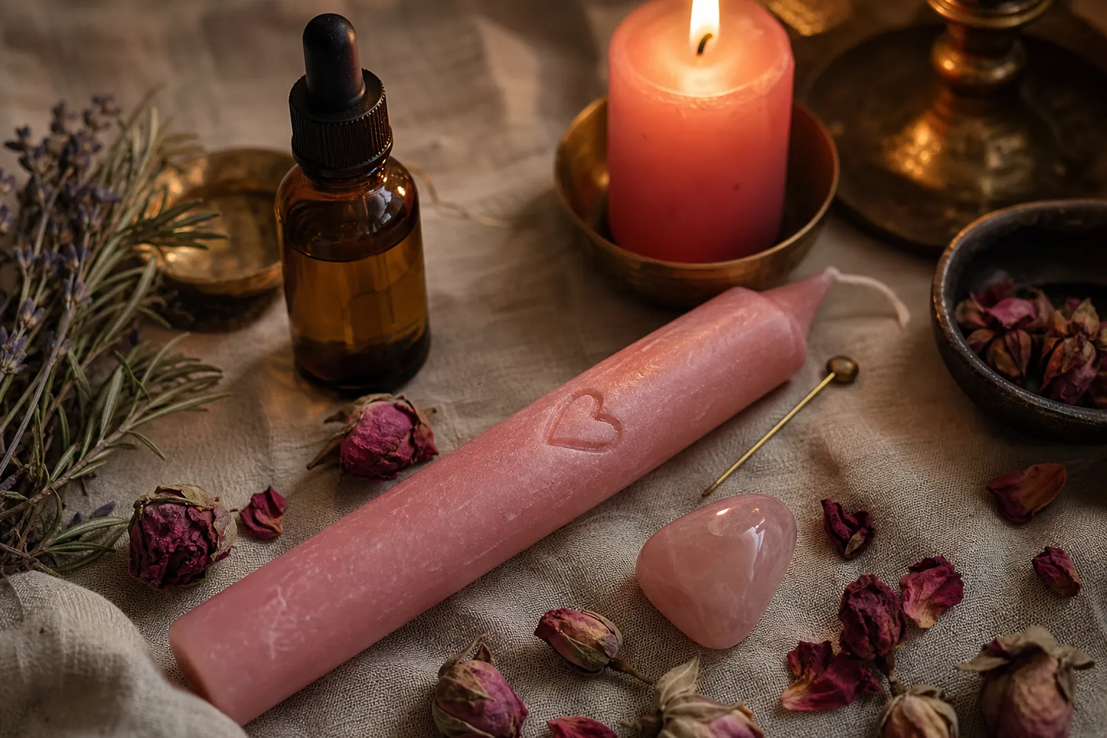 A pink spell candle carved with a heart beside a pin, a bottle of oil, rose buds and a rose quartz