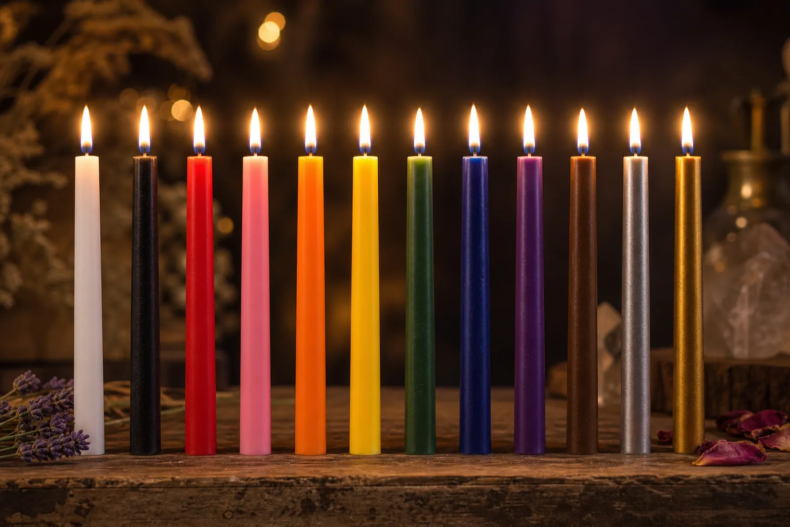 Twelve coloured spell candles burning in a row: white, black, red, pink, orange, yellow, green, blue, purple, brown, silver and gold