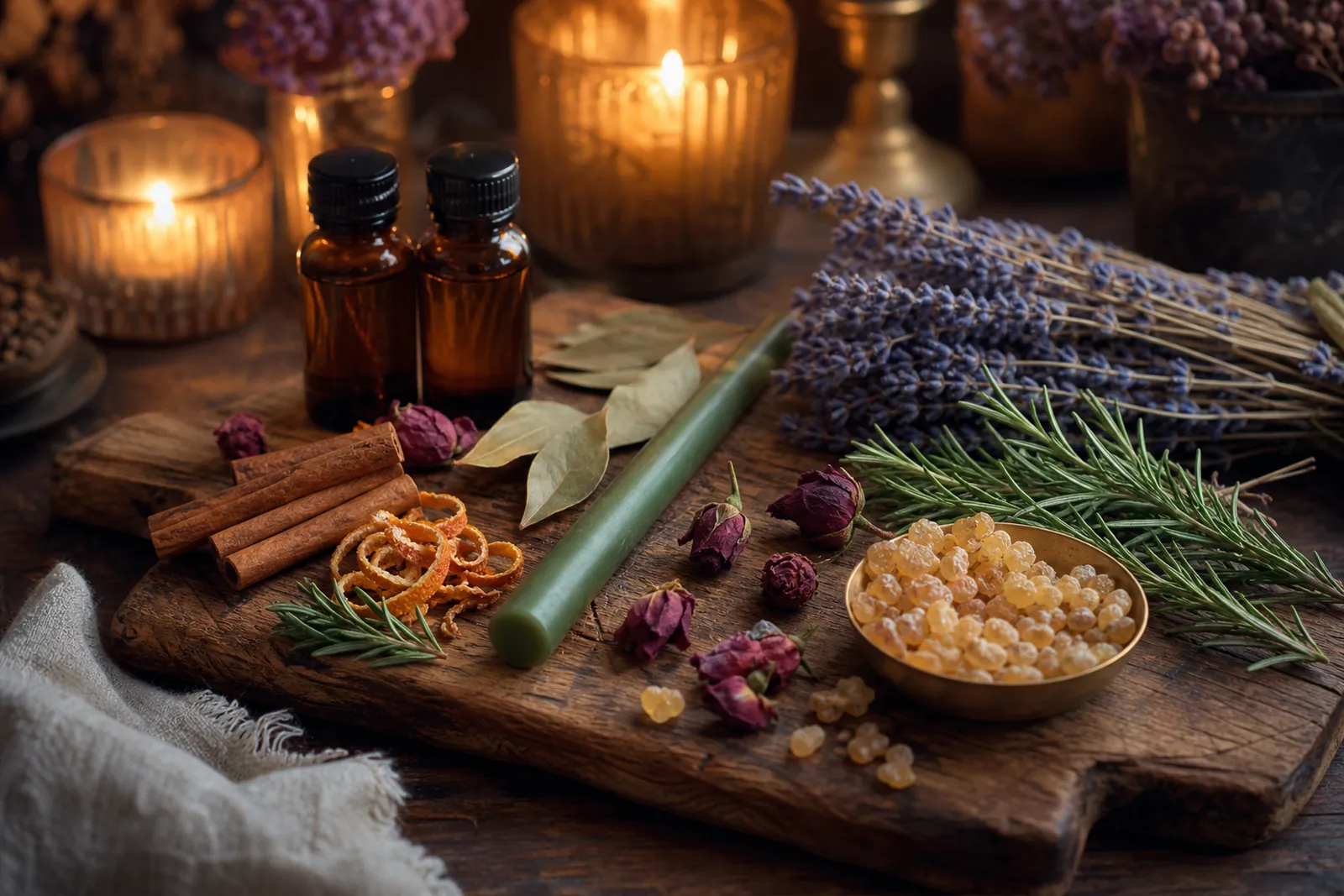 Lavender, rosemary, cinnamon, bay leaves, rose buds, orange peel, frankincense and oils arranged around a green spell candle
