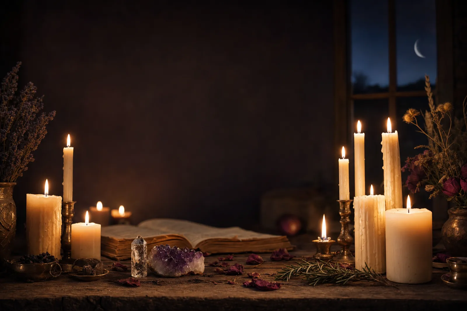 Ivory pillar and taper candles burning on an old wooden altar with amethyst, clear quartz, rose petals and an open book beneath a crescent moon