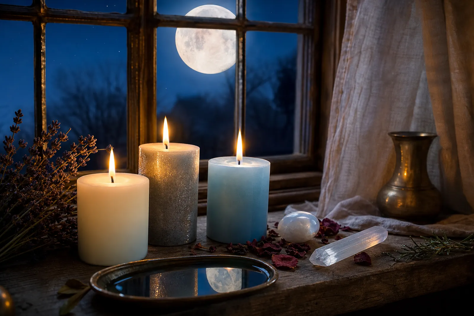 White, silver and pale blue candles beneath a full moon on a windowsill with moonstone and selenite