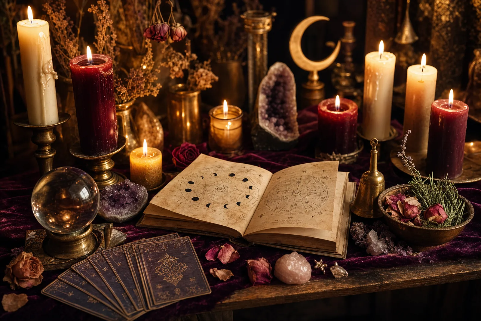 A candlelit esoteric altar with burgundy and ivory candles, an open grimoire, tarot cards, a crystal ball, amethyst and rose quartz