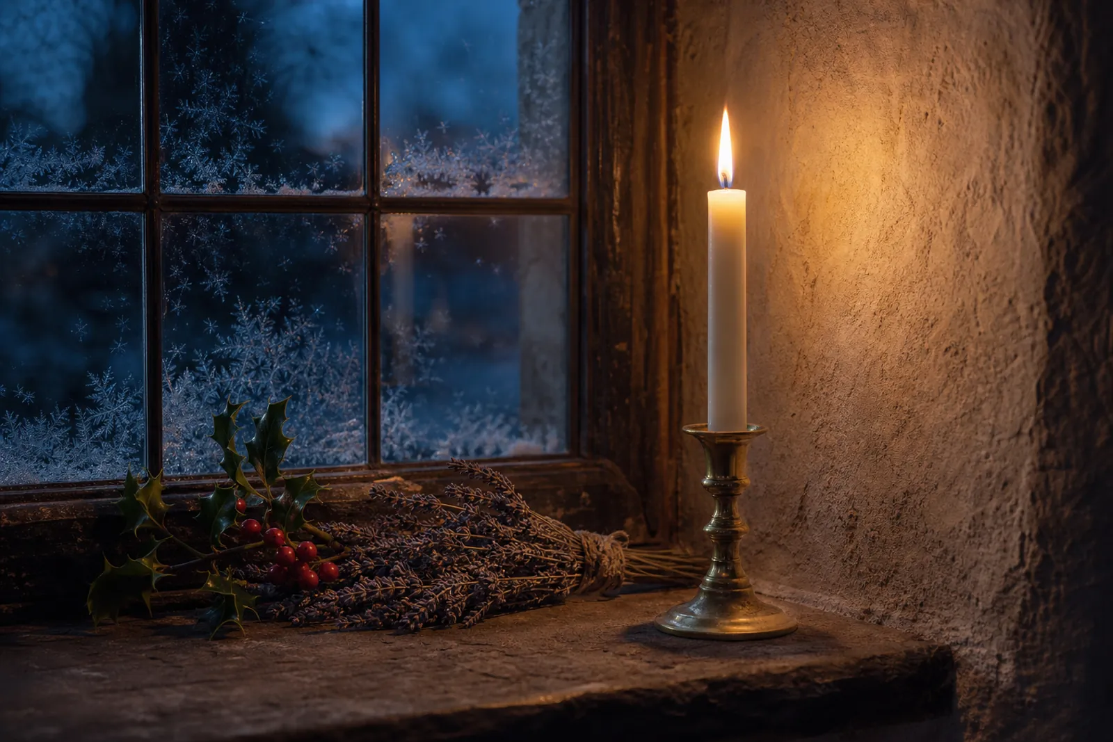 A single ivory taper candle burning in a brass candlestick on a frosty cottage windowsill at dusk
