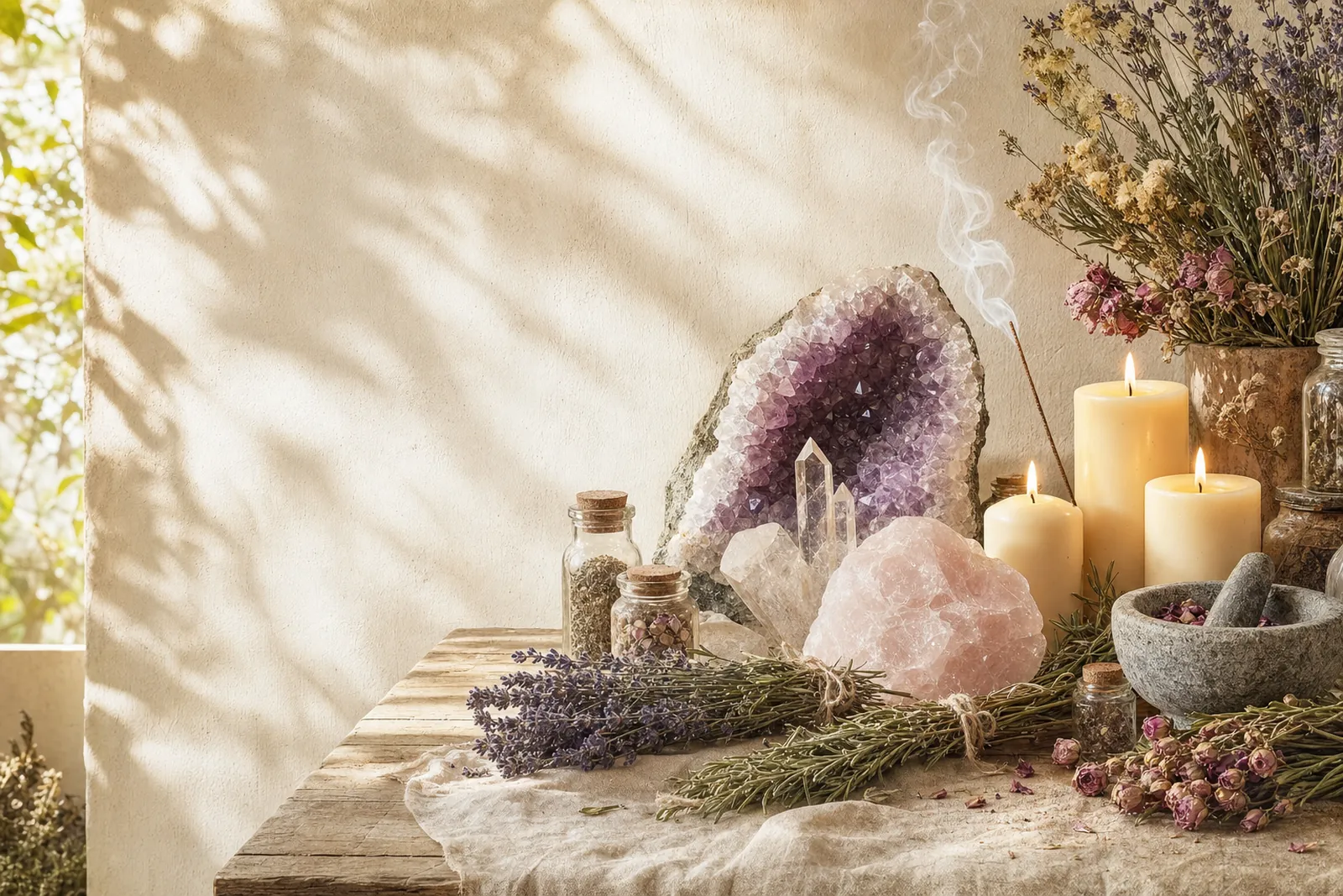 An amethyst geode, rose quartz, glowing candles and bundles of dried herbs in morning sunlight