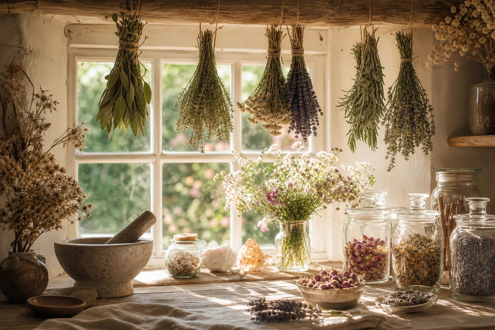 Dried herbs drying in a cottage window