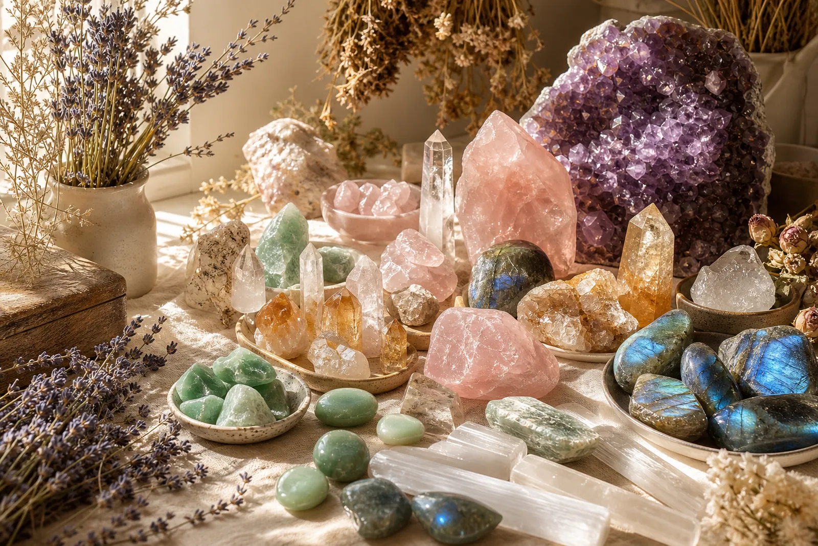 Natural crystals in small ceramic dishes