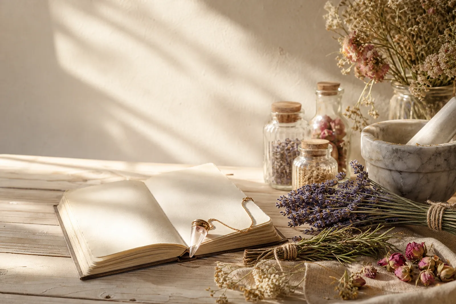An open journal with dried herbs in morning light