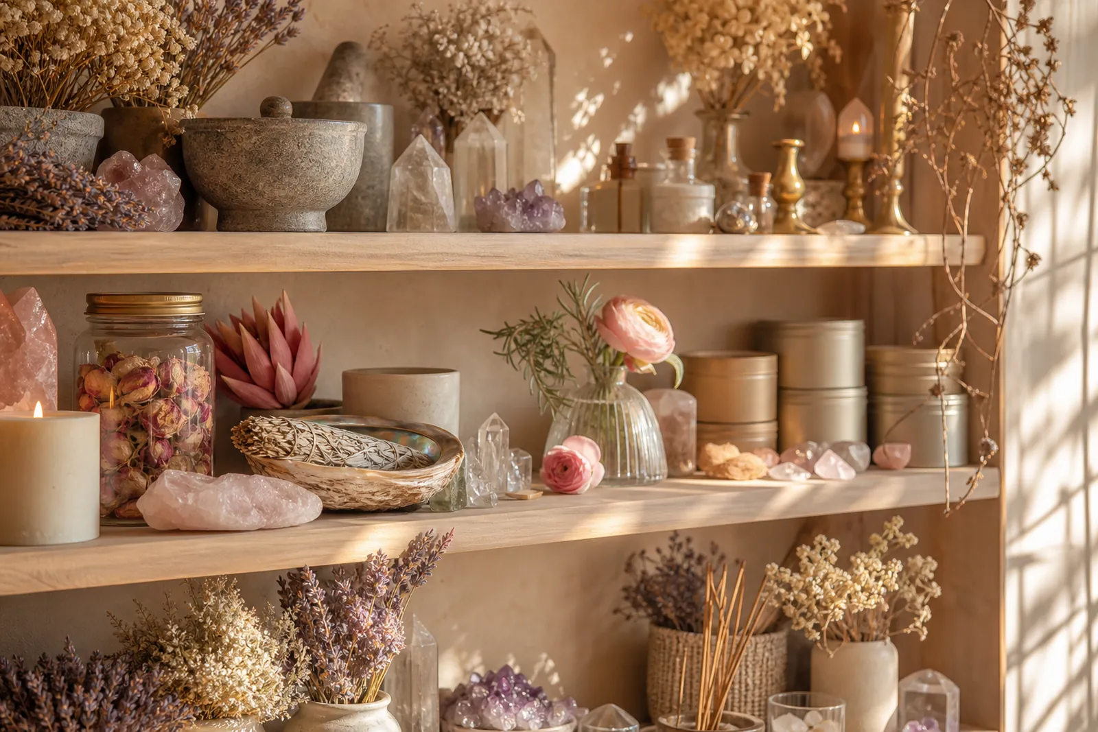 Crystals, candles, dried herbs and apothecary jars on a sunlit shelf