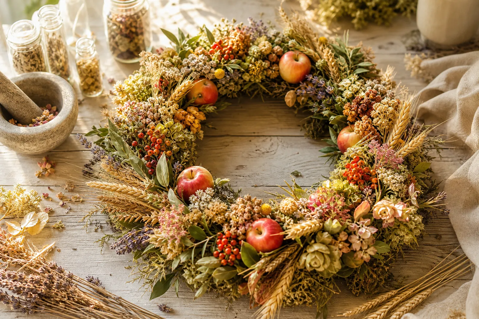 A seasonal wreath of foliage, wheat, berries and apples