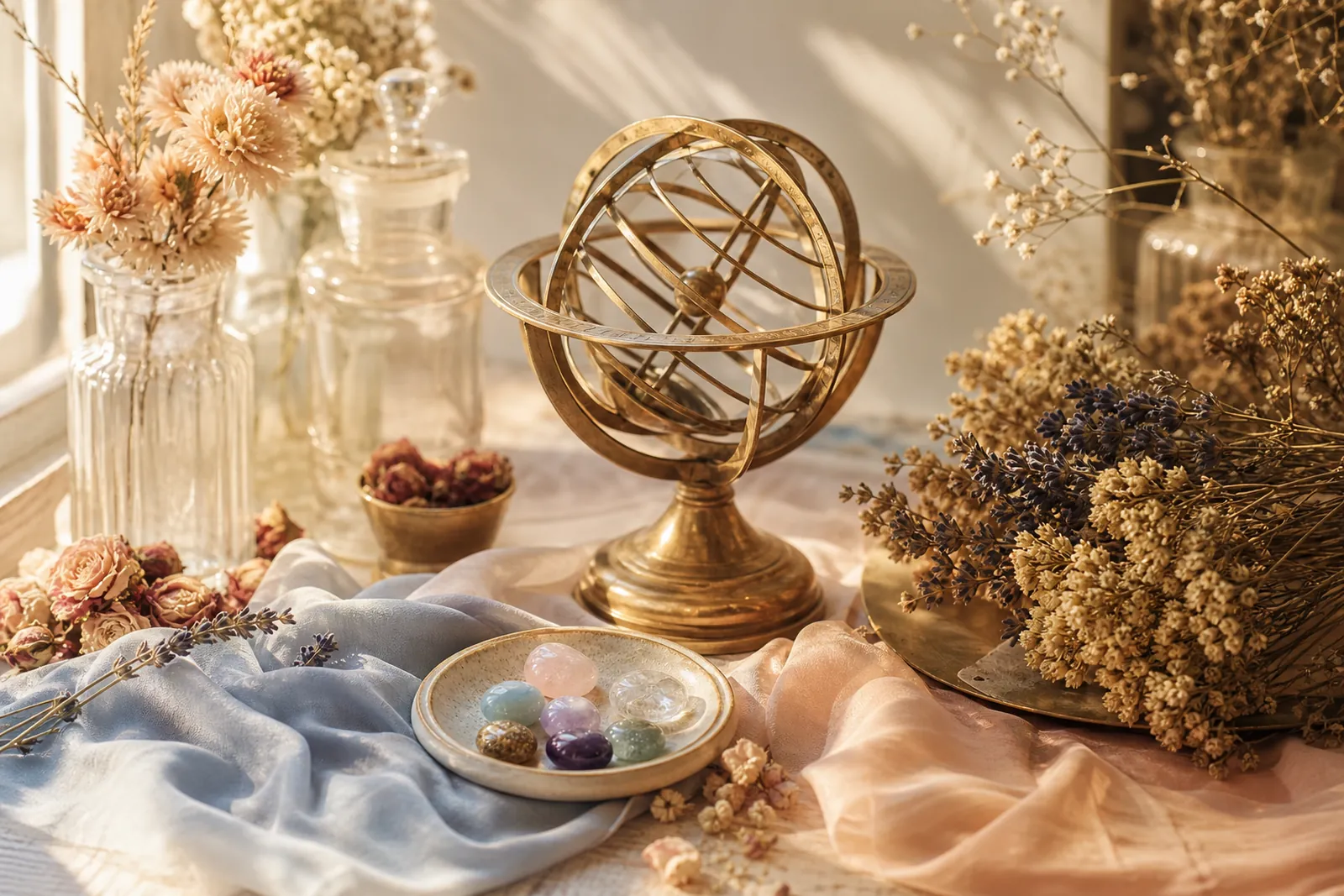 A brass armillary sphere with birthstones and dried flowers
