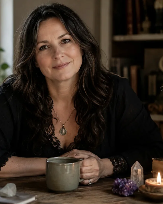 Rowan Hart, British folk magic author, at her desk with candles, crystals and dried lavender