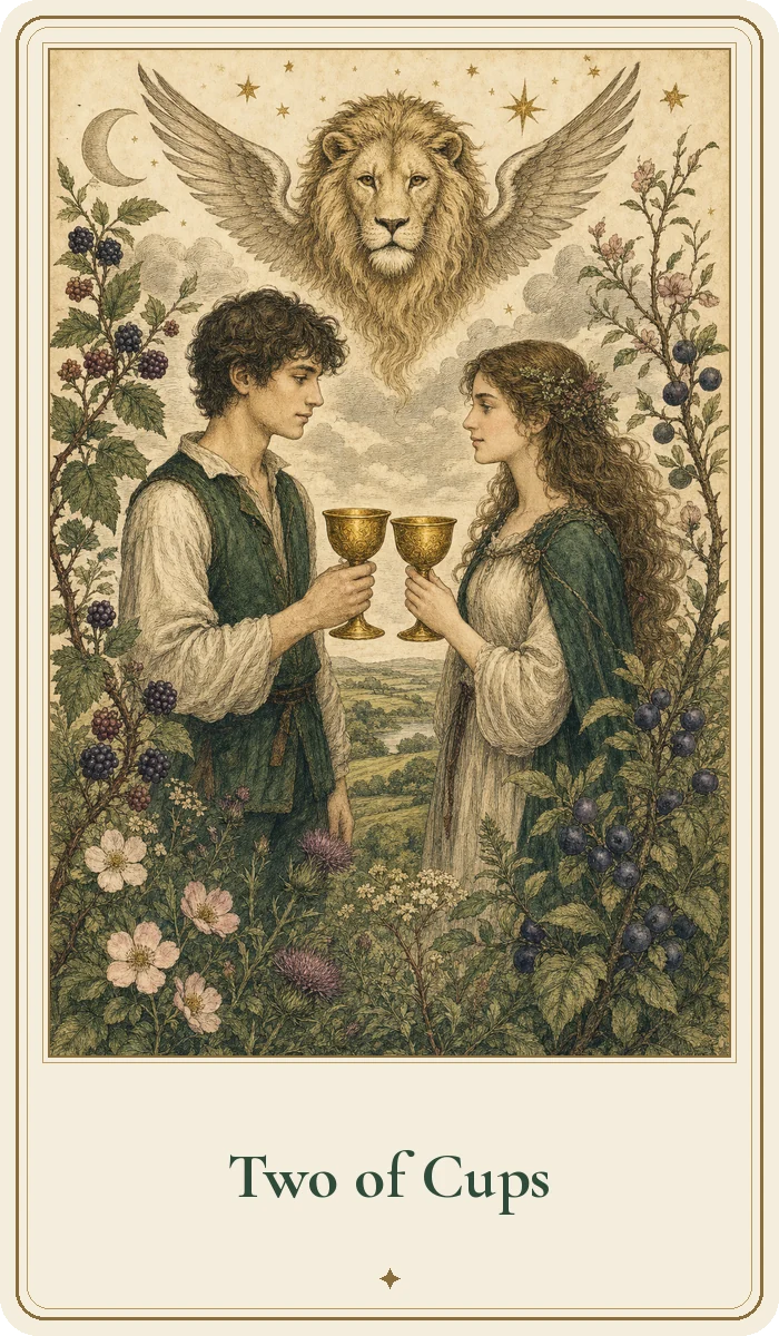 Two of Cups tarot card from the Hedge Magic deck