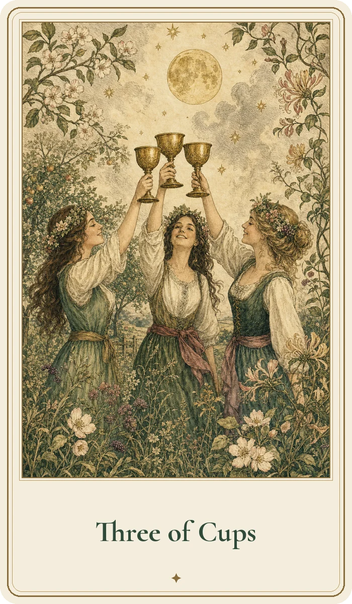 Three of Cups tarot card from the Hedge Magic deck