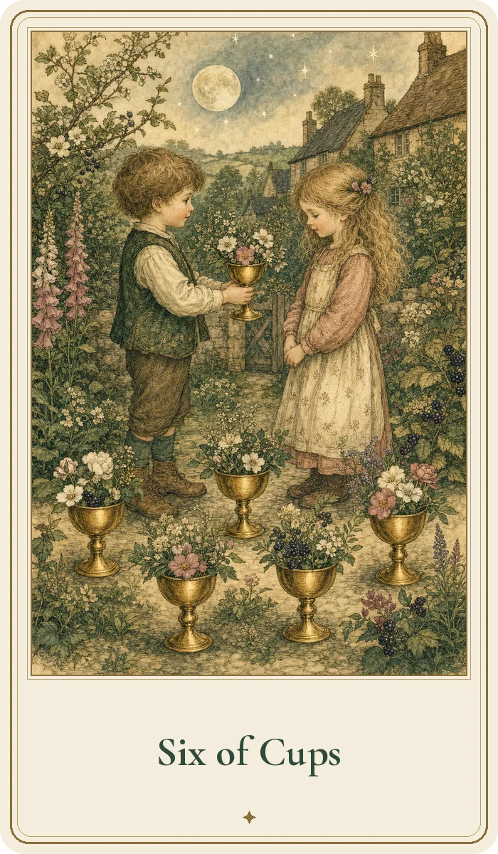 Six of Cups tarot card from the Hedge Magic deck