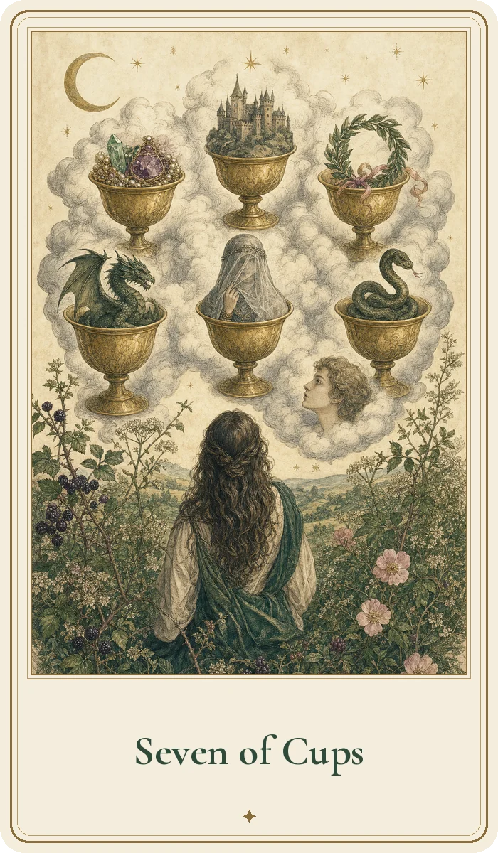 Seven of Cups tarot card from the Hedge Magic deck