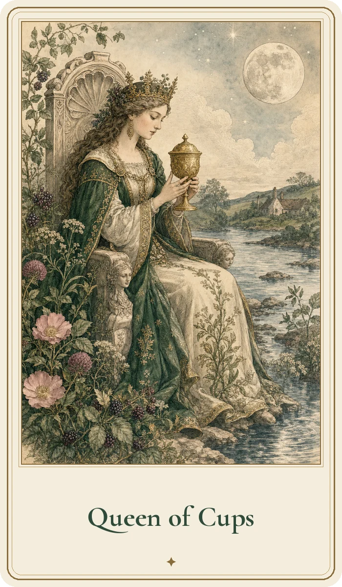 Queen of Cups tarot card from the Hedge Magic deck
