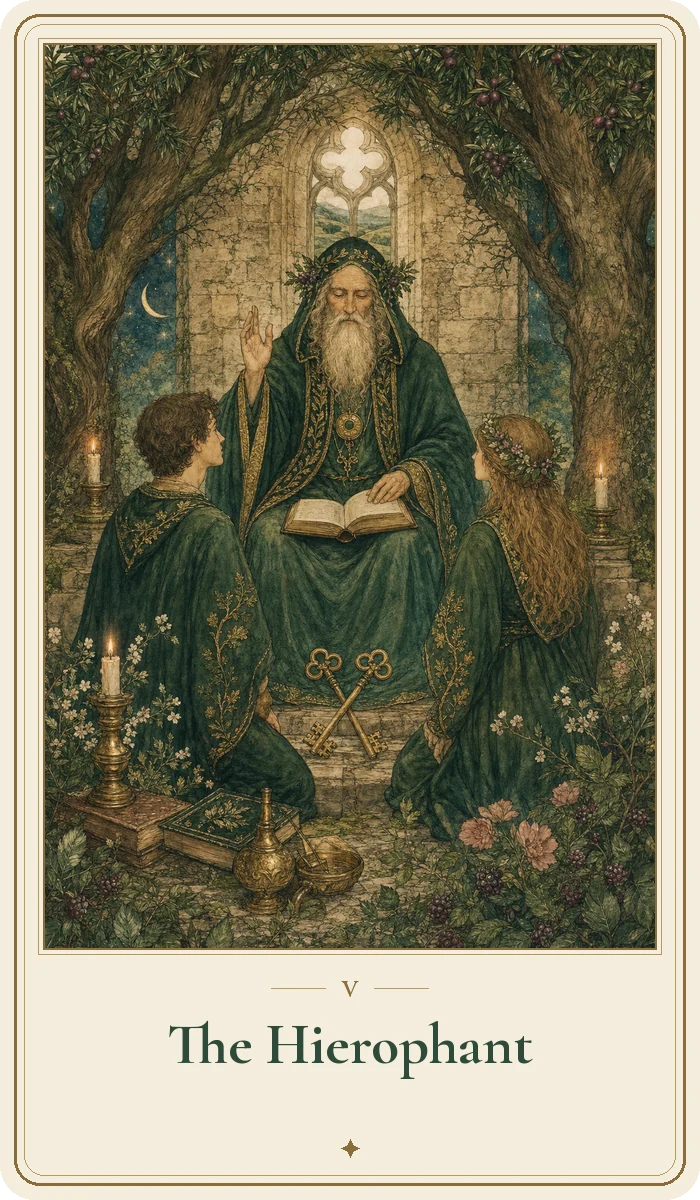 The Hierophant tarot card from the Hedge Magic deck