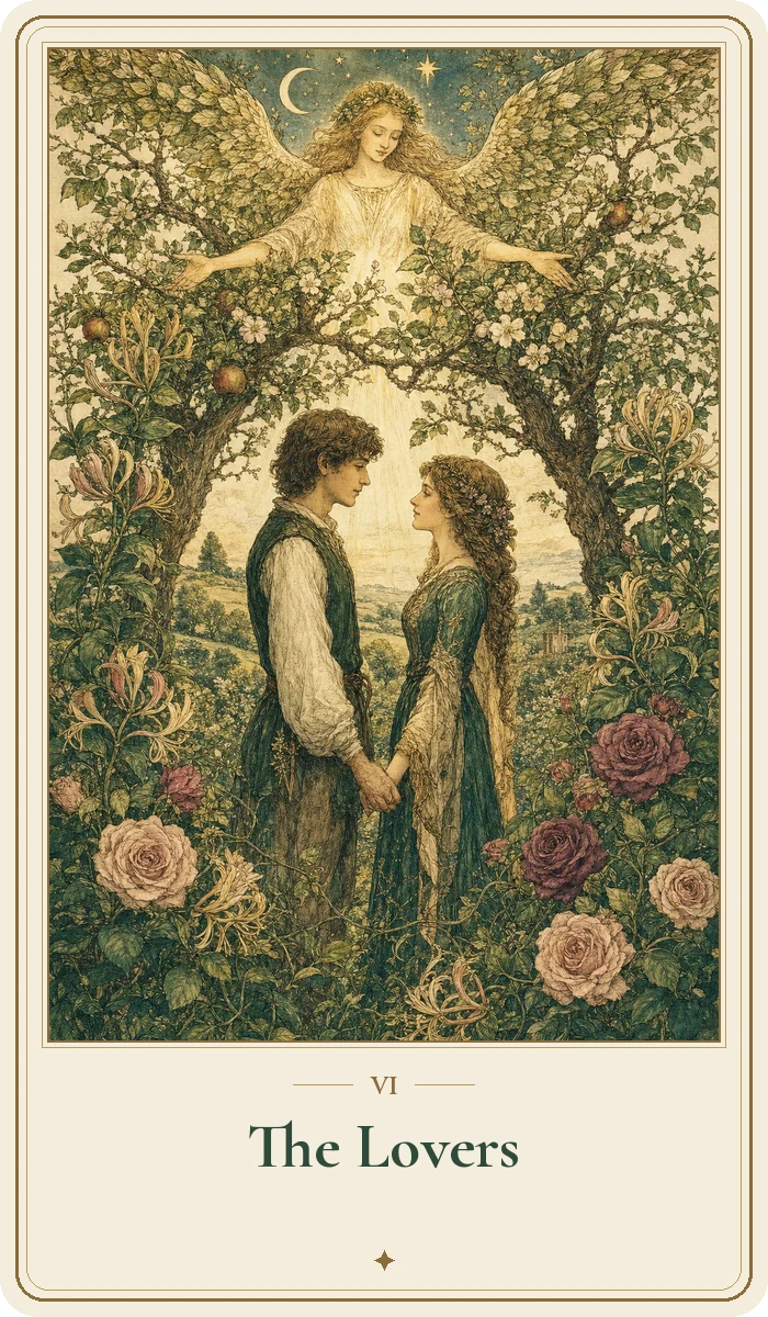 The Lovers tarot card from the Hedge Magic deck