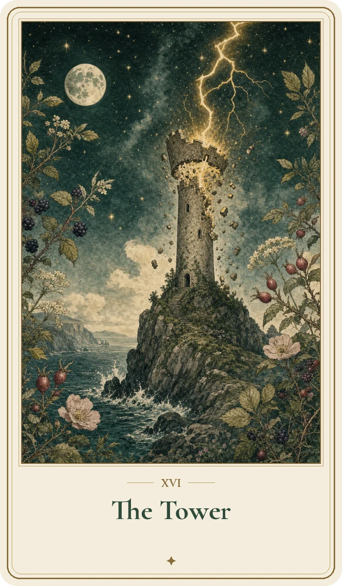 The Tower tarot card from the Hedge Magic deck