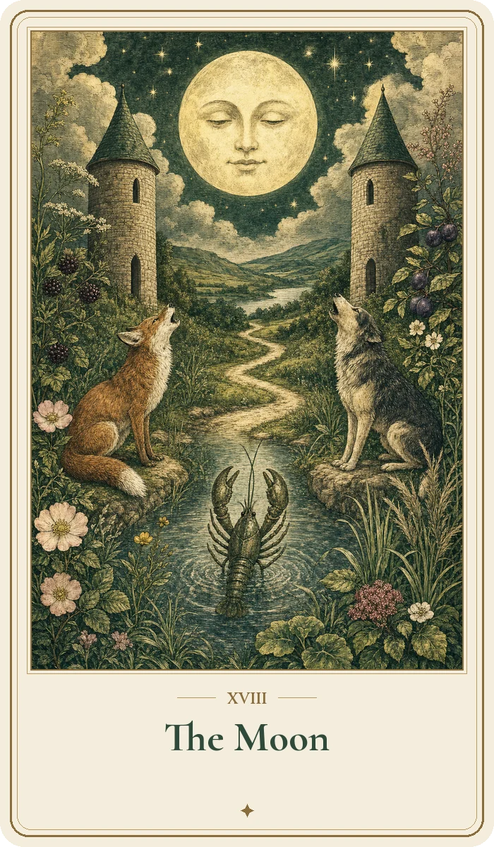 The Moon tarot card from the Hedge Magic deck