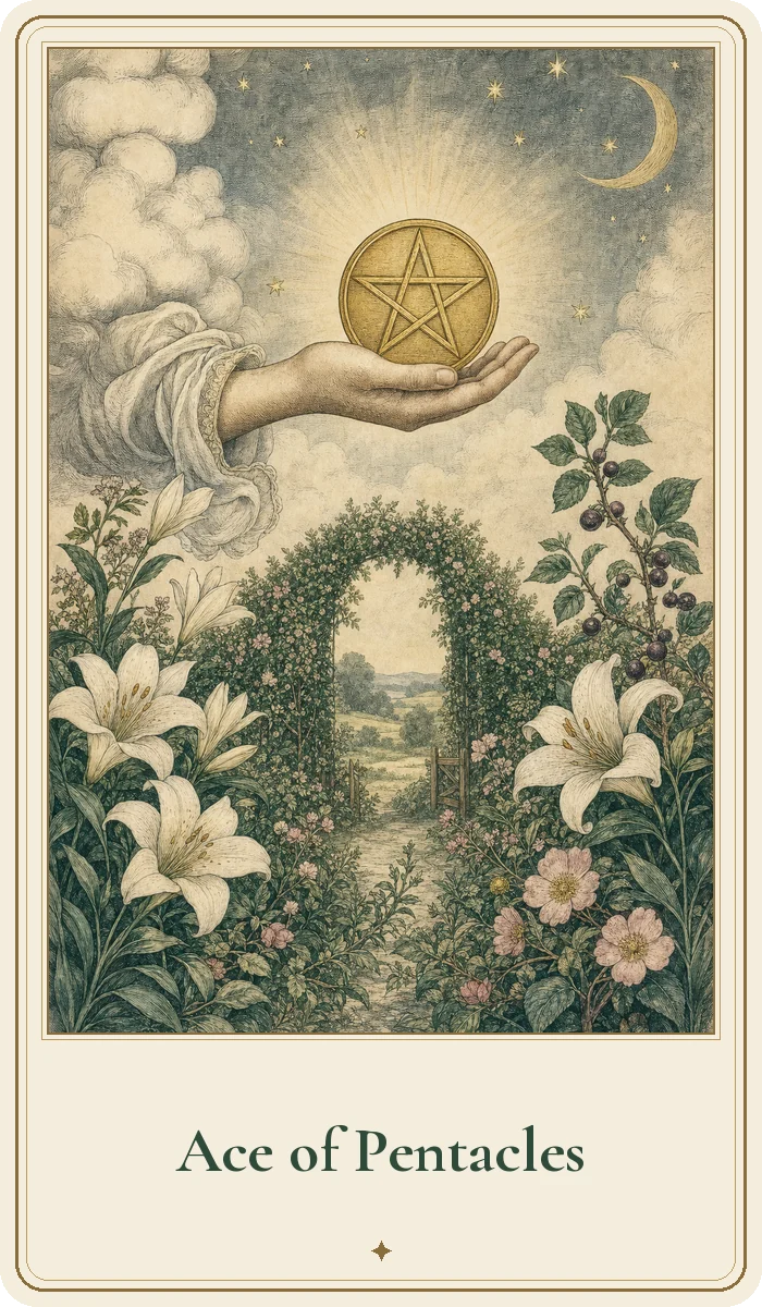 Ace of Pentacles tarot card from the Hedge Magic deck