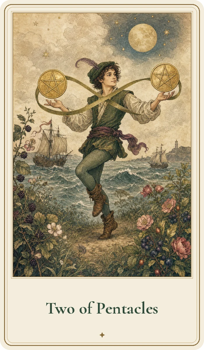 Two of Pentacles tarot card from the Hedge Magic deck