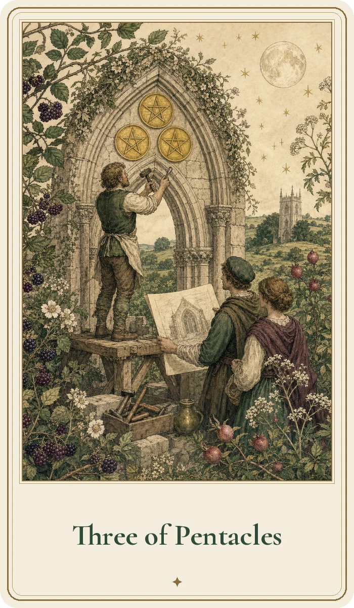 Three of Pentacles tarot card from the Hedge Magic deck