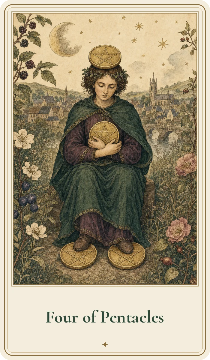 Four of Pentacles tarot card from the Hedge Magic deck