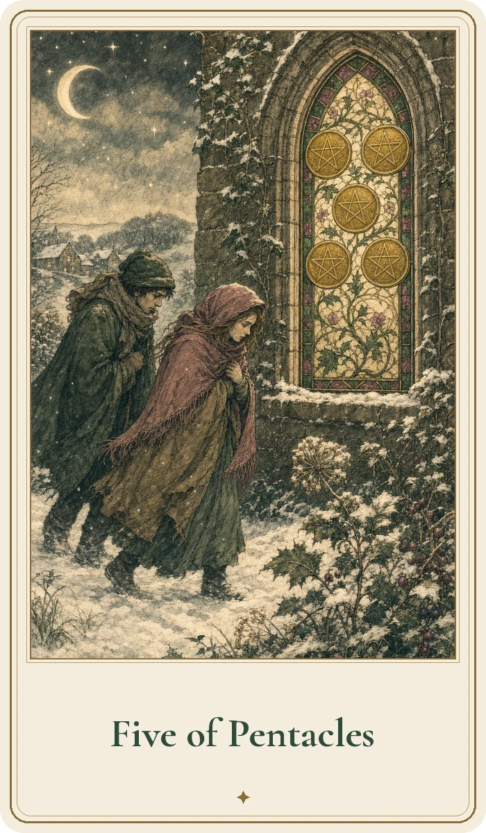 Five of Pentacles tarot card from the Hedge Magic deck