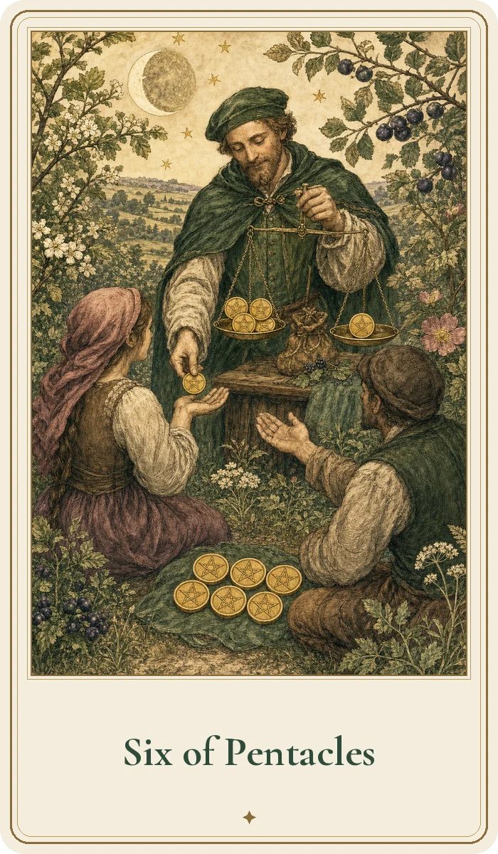 Six of Pentacles tarot card from the Hedge Magic deck