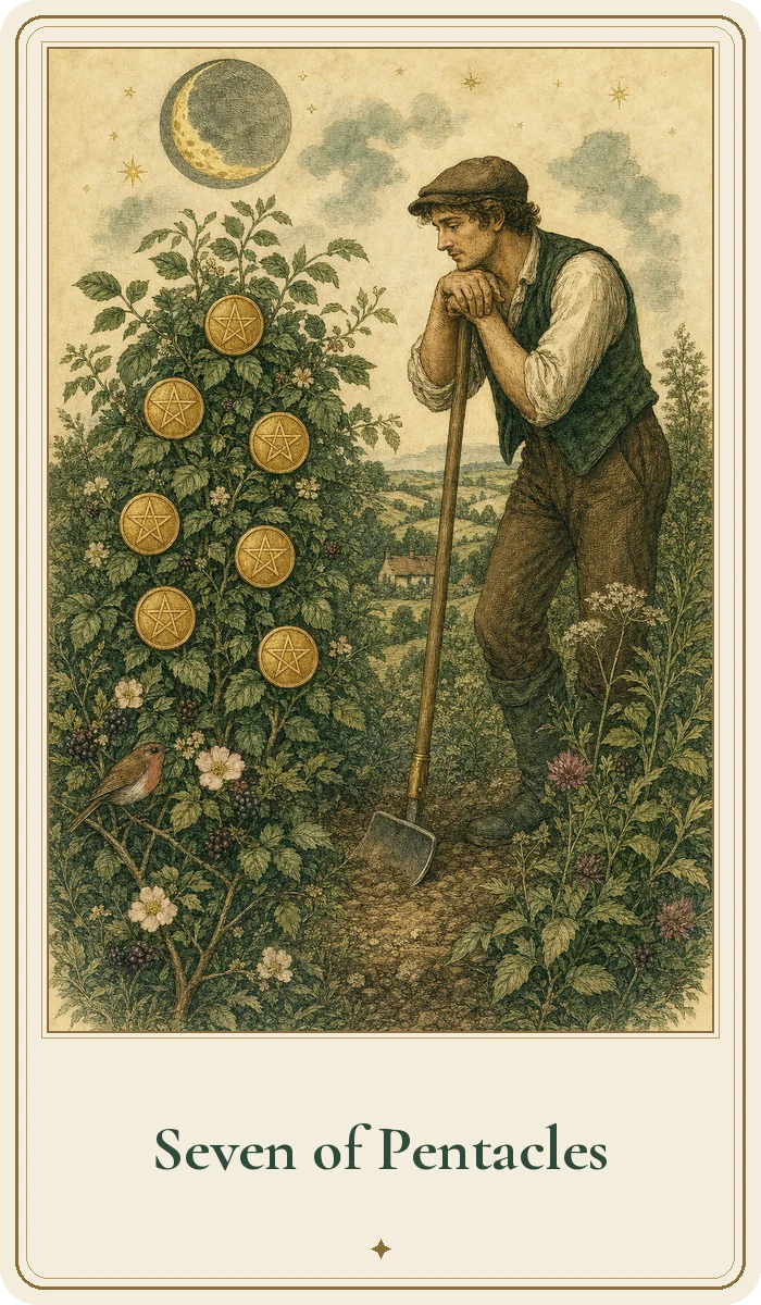 Seven of Pentacles tarot card from the Hedge Magic deck