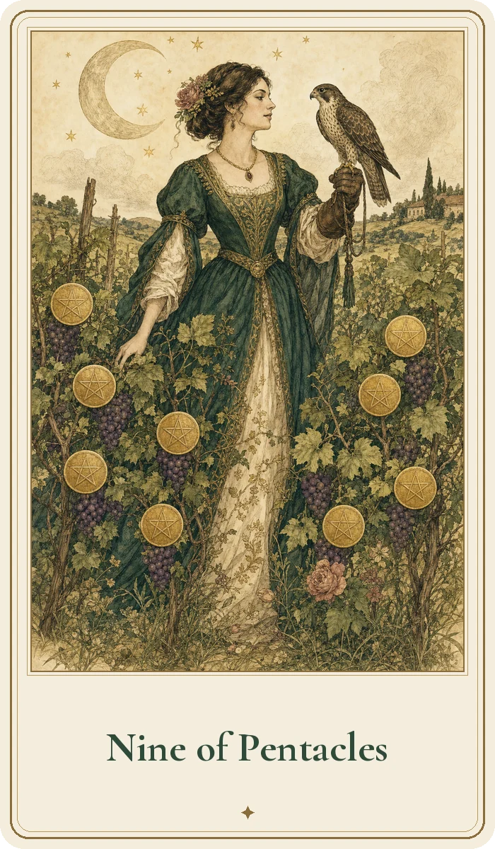 Nine of Pentacles tarot card from the Hedge Magic deck