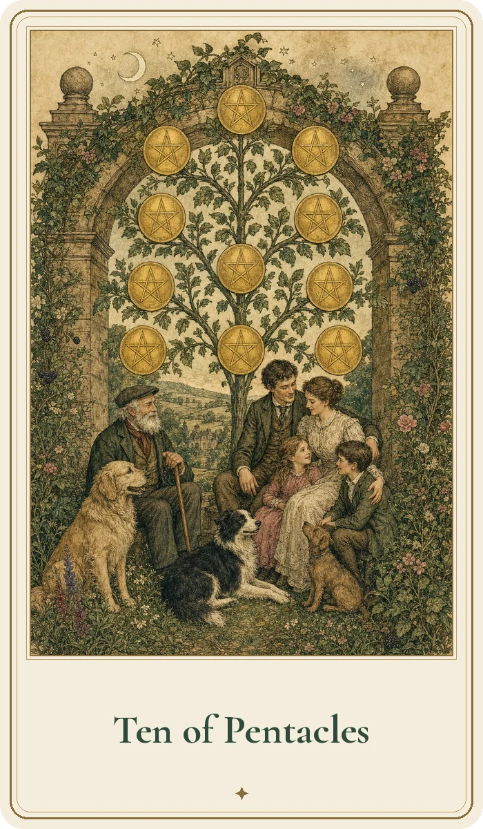 Ten of Pentacles tarot card from the Hedge Magic deck
