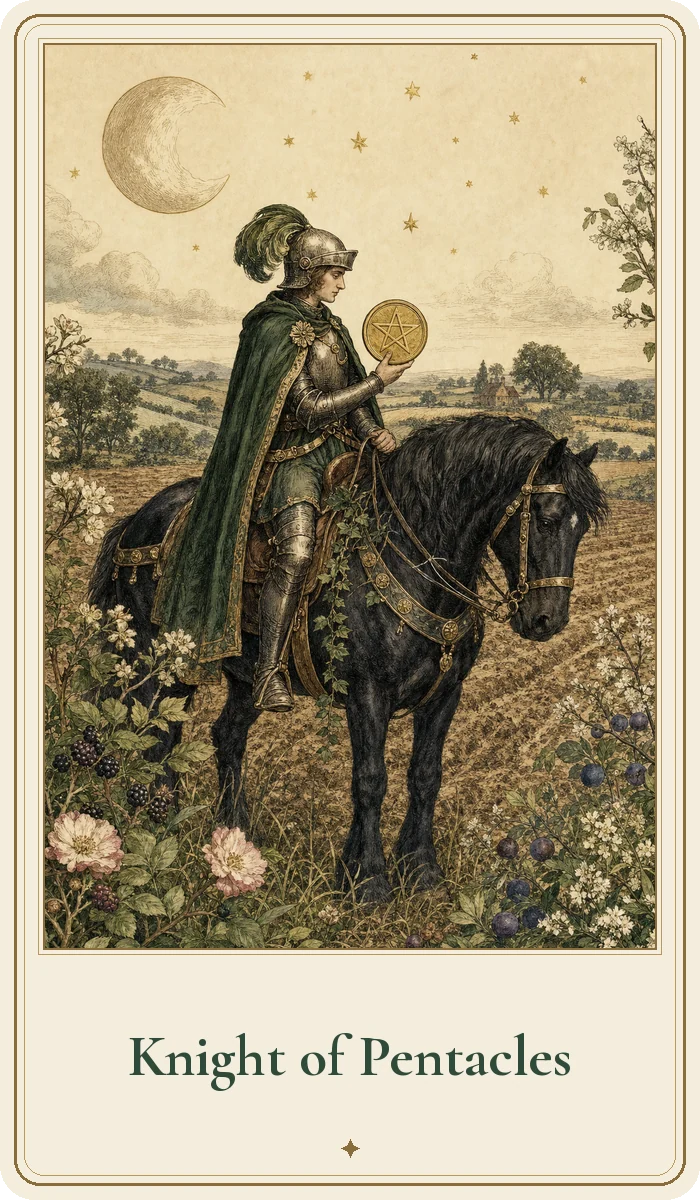 Knight of Pentacles tarot card from the Hedge Magic deck