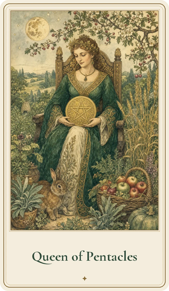 Queen of Pentacles tarot card from the Hedge Magic deck