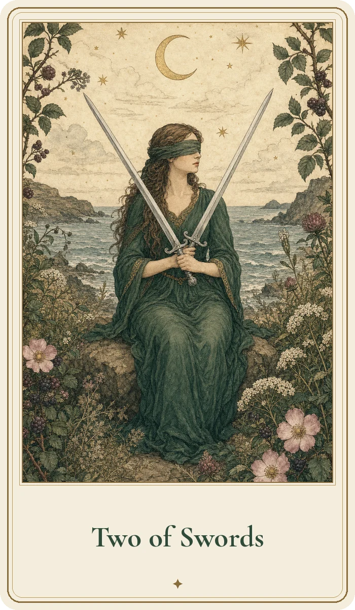 Two of Swords tarot card from the Hedge Magic deck