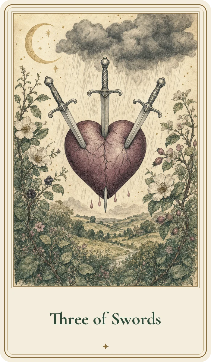 Three of Swords tarot card from the Hedge Magic deck