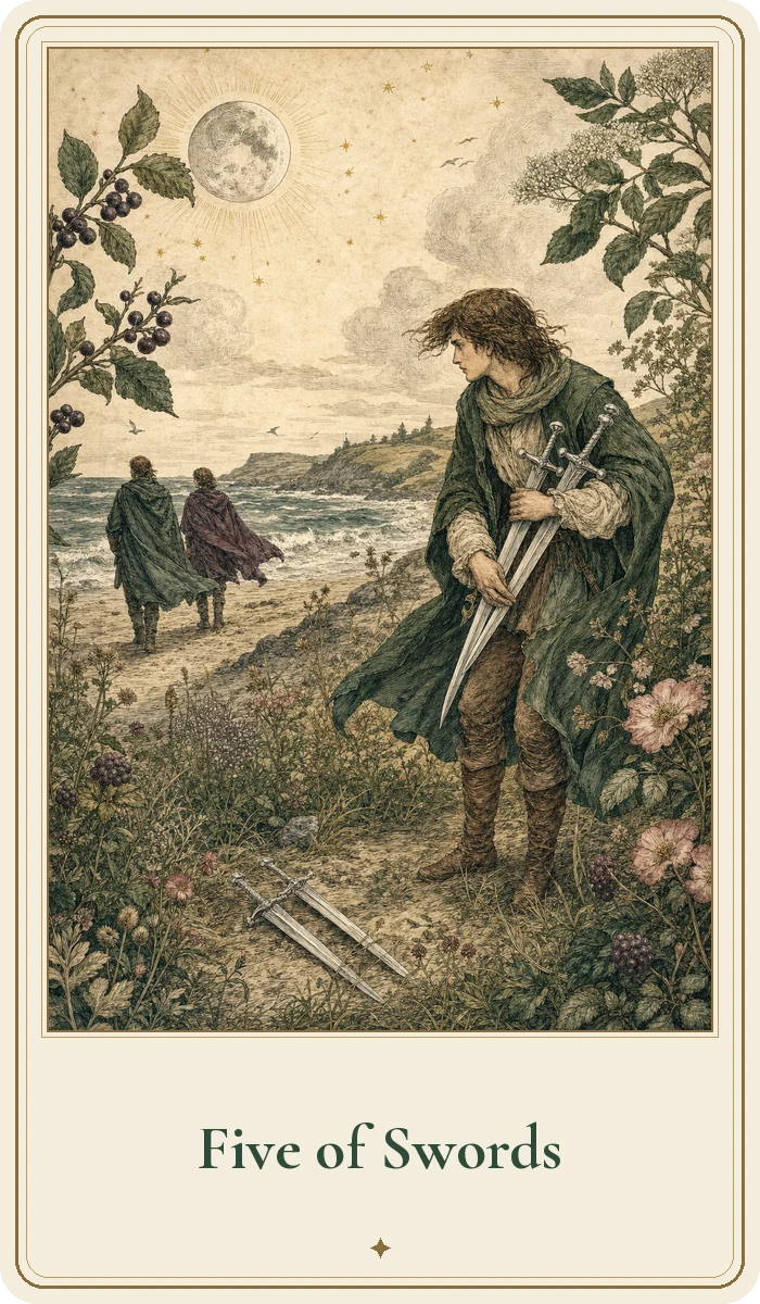 Five of Swords tarot card from the Hedge Magic deck